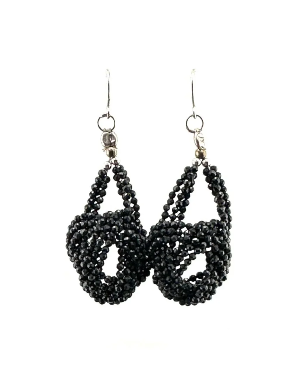 Vintage Black Faceted Beaded Earrings Elegant Openwork Sculptural Dangle 2.5